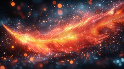 A stunning digital illustration depicting a vibrant orange feather gracefully floating amidst a sparkling blue and black background. Perfect for creative projects.