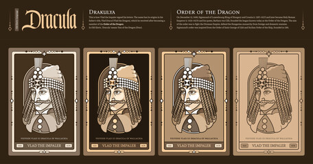 Count Dracula in medieval style. Vlad III Dracula of Wallachia, Vlad the Impaler or Vlad Tepes. Hand-drawn portrait of Vlad Tepes on different backgrounds. Famous literary and historical character. © AnaMaria