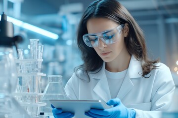 A Woman in a Scientific Laboratory, Mixing Chemicals and Analyzing Data on a Tablet, Futuristic Lab Design