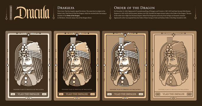 Count Dracula in medieval style. Vlad III Dracula of Wallachia, Vlad the Impaler or Vlad Tepes. Hand-drawn portrait of Vlad Tepes on different backgrounds. Famous literary and historical character.
