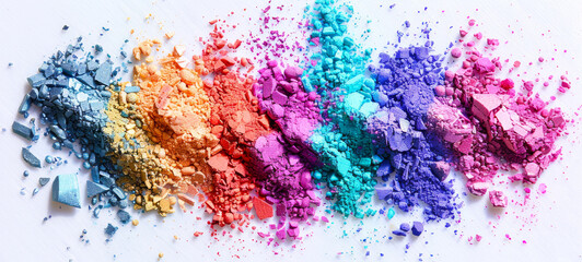 Colorful Assortment of Scattered Eyeshadow Powders in Bright Hues. Concept of Creative Makeup, Vibrant Cosmetics, Beauty Inspiration. Textured background