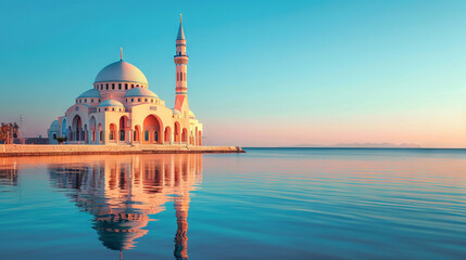 Naklejka premium Beautiful Mosque by the Sea with Stunning Reflection at Sunset, Symbolizing Tranquility, Spirituality, Serenity, Contemporary Islamic Architecture