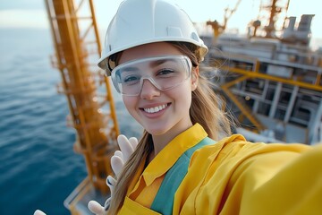 Young Woman Wearing a White Safety Helmet and White Safety Glasses, Yellow Coverall Oil and Gas, Background of Offshore Platform, Offshore Photography