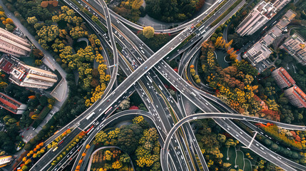 Aerial View of Autumn Cityscape and Highway Intersection Highlighting Urban Planning, Infrastructure, and Seasonal Change