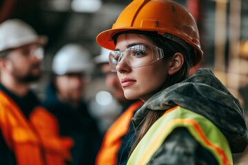 A Woman in a Construction Uniform Working Alongside Male Colleagues at a Construction Site