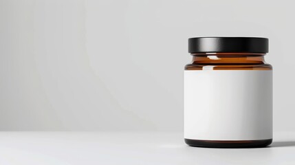 Brown glass jar with a black lid and a blank white label, isolated on a light background.