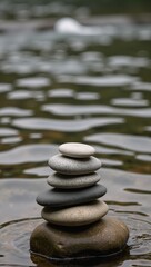 Balanced stack of smooth river stones next to a flowing stream