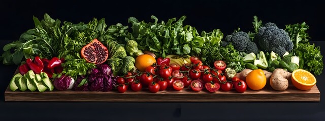 A variety of fresh vegetables and fruits on a wooden board, including lettuce, broccoli, bell peppers, tomatoes, limes, oranges, red onion, and green salad leaves, surrounded by other colorful vegetab