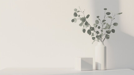 Obraz premium Minimalist still life with a white vase of eucalyptus branches and two white boxes against a plain light background, evoking a sense of calm, simplicity, and modern decor. Concept of minimalism