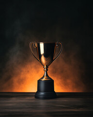 gold trophy on wooden table