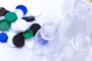 Plastic recycling and waste collection. Plastic sorting and Lids plastic bottles recycling. PET Water bottles and PET Bottle for recycling.