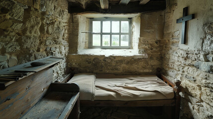 Austere Monastic Cell with Simple Bed and Wooden Cross, Emphasizing Minimalism, Spiritual Solitude, and Monastic Life