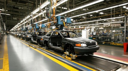 Fototapeta premium Assembly Line: A captivating look at the precision and efficiency of modern automotive manufacturing. The image showcases a series of cars being assembled on a conveyor belt.