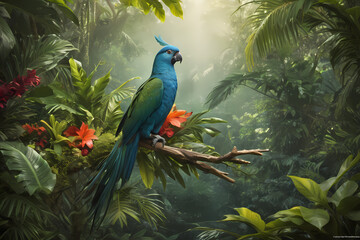 Obraz premium A blue-green bird perched on a branch in the jungle.