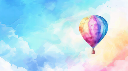 Obraz premium Watercolor Illustration of a Vibrant Hot Air Balloon Soaring Through a Colorful Sky, Concept of Adventure, Freedom, and Creativity. Copy space