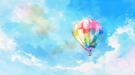 Obraz premium Watercolor Illustration of a Vibrant Hot Air Balloon Soaring Through a Colorful Sky, Concept of Adventure, Freedom, and Creativity. Copy space