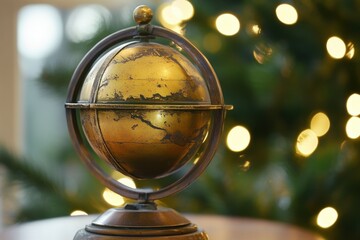 Golden globe on a lit wooden table