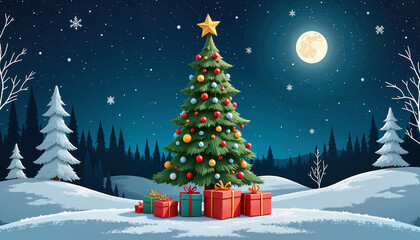 Obraz premium New Year card featuring a decorated Christmas tree with presents under moonlight in winter landscape