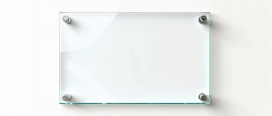 Clear glass plaque with metal fixtures on a white background.