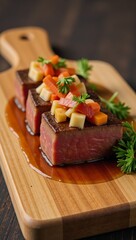 Seared tuna with sauce topped with diced ingredients on a wood board garnished with fresh herbs close-up