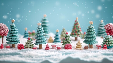 Fototapeta premium Miniature Christmas trees and candy decorations on snow with a wintery sky background, concept of Christmas village and holiday magic
