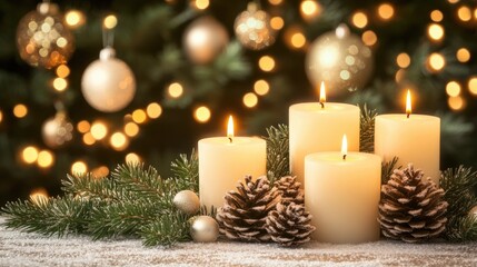 White candles shine softly on a beautifully decorated Christmas tree, casting a warm glow that enhances the festive ambiance of the holiday night