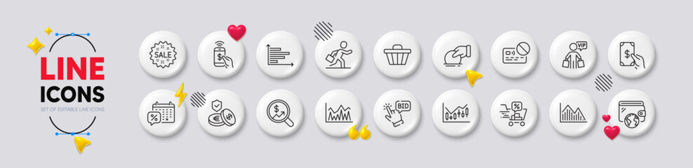Donate, Investment and Financial diagram line icons. White buttons 3d icons. Pack of Vip shopping, Currency audit, Savings insurance icon. Phone payment, Receive money, Sale pictogram. Vector