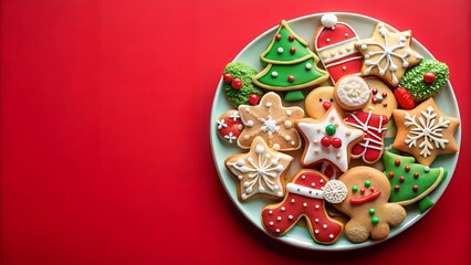 A plate with assorted homemade Christmas cookies on a red  background. Festive food. Top view with copyspace