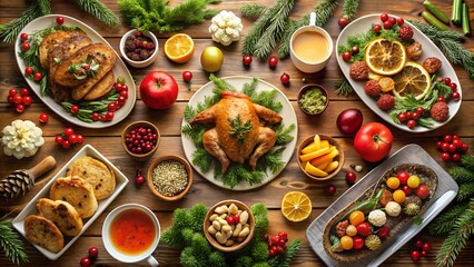 Christmas dinner table with holiday food and decorations, in a flat lay composition