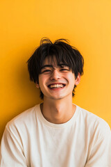 Smiling young adult Japanese man, wearing a t-shirt, against a yellow background, radiating joy and positivity for a social media avatar.