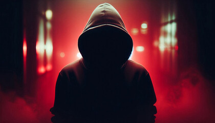 Mysterious Hooded Figure in Red Hallway Symbolizing Anonymity and Suspense