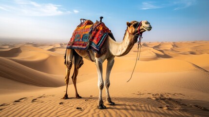 Camel with decorated saddle standing in desert sands