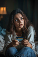 Young adult Hispanic woman sitting on the floor, leaning against her bed, clutching her credit card with a look of fear.
