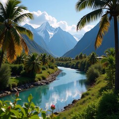 River landscape showcasing mountains and palm trees