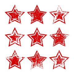 Obraz premium Red vintage stars with cracks and stains. Old hand-drawn sign, black simple shape. Retro design element with distressed effect, grunge texture. Vector illustration