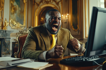Middle-aged Black man in a luxurious office, face twisted with anger, yelling at the screen, opulent decor filling the space.
