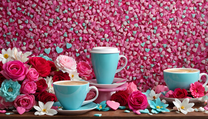 Three coffee cups on a table with flowers.