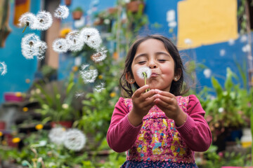 Fototapeta premium Preschooler Hispanic girl standing in a colorful garden, joyfully blowing dandelion seeds into the air, her face lit with happiness as she plays.
