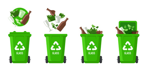 Recycling Bins for glass. Container for glass. Green trash can. Vector illustration isolated on white background.