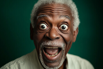 Senior African American granddad with large surprised eyes, smiling in awe, his face lit up with joy and wonder, set against a deep green backdrop.
