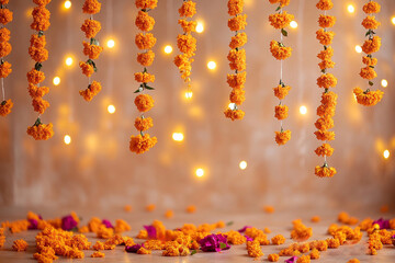 A setup of hanging marigold garlands used to decorate the celebration of an Indian festival ocassion