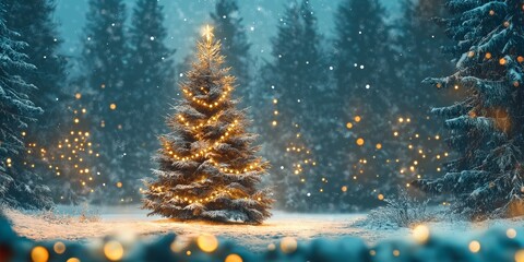 Magical Winter Wonderland: Snow-Covered Christmas Trees Illuminated by Twinkling Lights