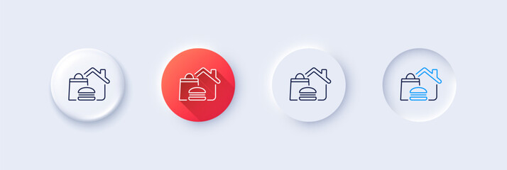 Food delivery line icon. Neumorphic, Red gradient, 3d pin buttons. Meal order at home sign. Fast food deliver symbol. Line icons. Neumorphic buttons with outline signs. Vector