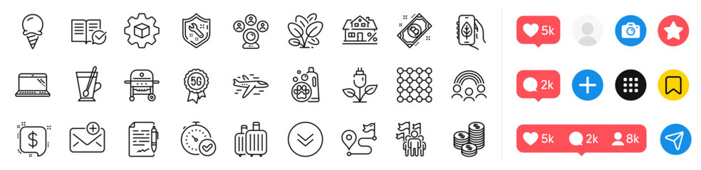 Inclusion, Agreement document and Ice cream line icons pack. Social media icons. Airplane, Fast verification , Product development web icon. Vector