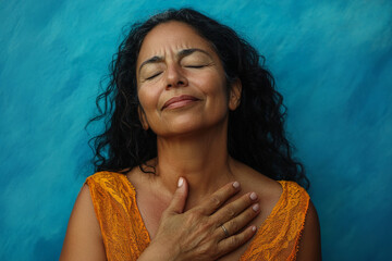 Middle-aged Brazilian woman with a teary smile, her hands resting gently on her heart as she expresses deep appreciation, against a vibrant blue background.
