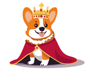 Corgi wearing a crown and red cape. Colorful vector illustration of a Corgi dressed as royalty, isolated on a white background. Pet and royalty concept. Design for greeting cards, posters, and childre