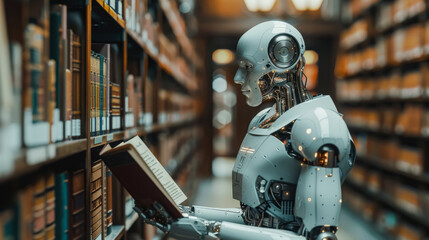 Robot is reading a book in a library. The robot is white and has a head and arms. The robot is standing in a library with many books on the shelves