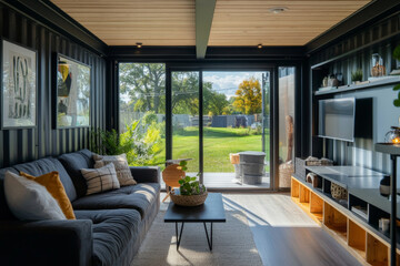 Open-concept black shipping container home showcasing a cozy living room with large windows, a simple dining area, and a compact kitchenette with modern amenities, blending minimalist design with