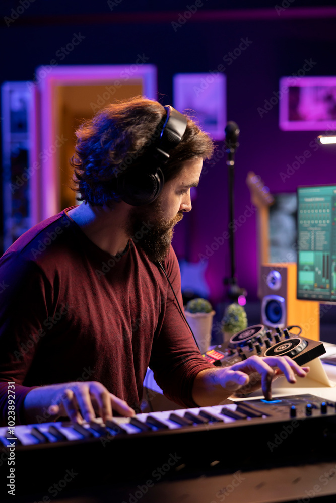 Leinwandbilder Professional composer recording electronic keyboard notes in home studio, playing midi controller sounds to apply mix and master techniques. Audio engineer enhancing volume levels.