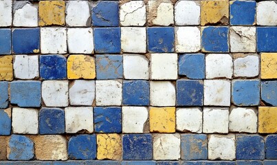 A wall made of blue, white and yellow bricks